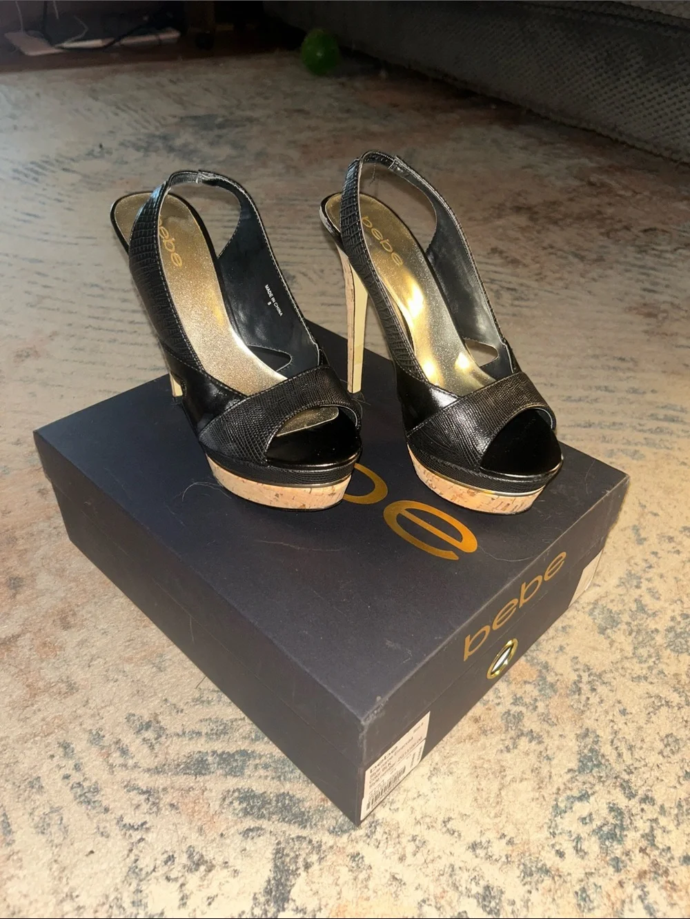 bebe Black Peep-Toe Cork Platform Slingback Heels
